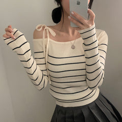 Off-shoulder Striped Long Sleeve Knitted Tee