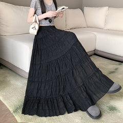 Fairycore Solid Color Ruffled Maxi Skirt