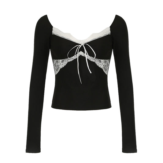 Lace Patchwork Bow Knot Long Sleeve Tee