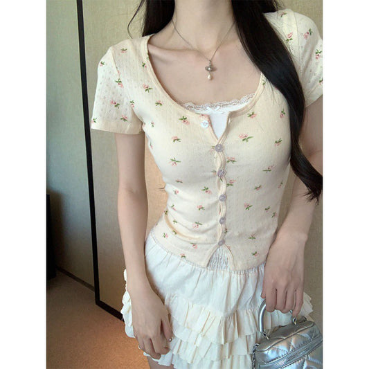 Aesthetic Floral Print Button Short Sleeve Tee