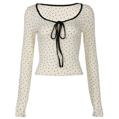 Round Neck Polka Dot Tie Knot Long Sleeve Tee