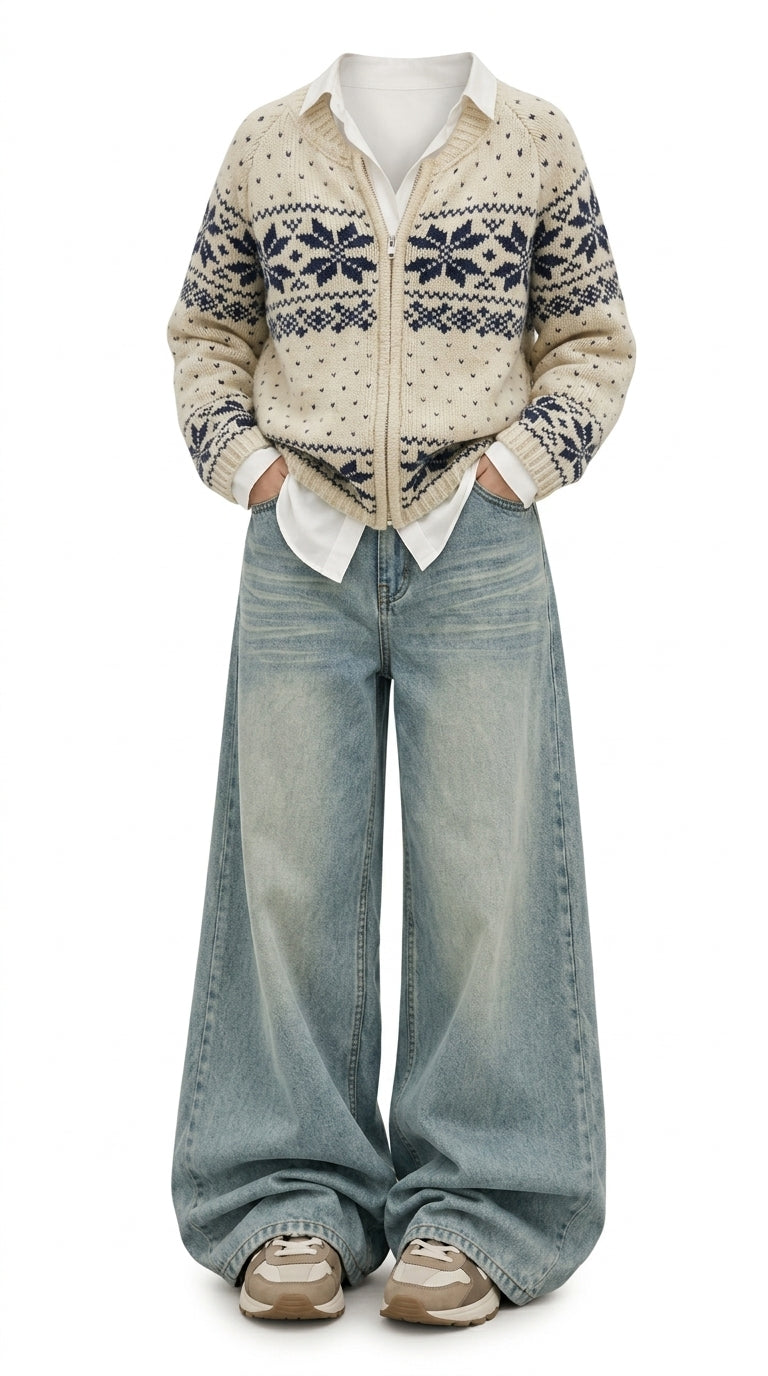 A person wearing a cream knit zip-front cardigan with a navy Fair Isle pattern, styled with light-wash wide-leg jeans and beige sneakers against a plain white background.