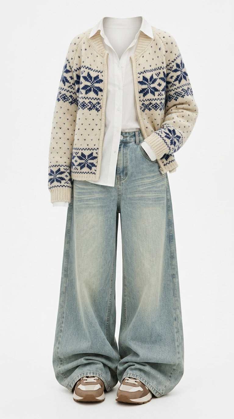 A full-body studio shot of a person wearing a cream knit cardigan with blue Nordic snowflake patterns, a white collared shirt, wide-leg light-wash blue jeans, and beige sneakers.