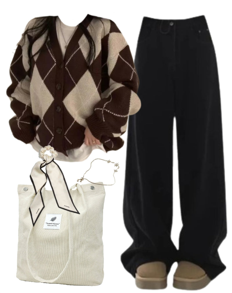 OOTD: Argyle Preppy Cardigan + Boyfriend Jeans + Corduroy Tote Bag