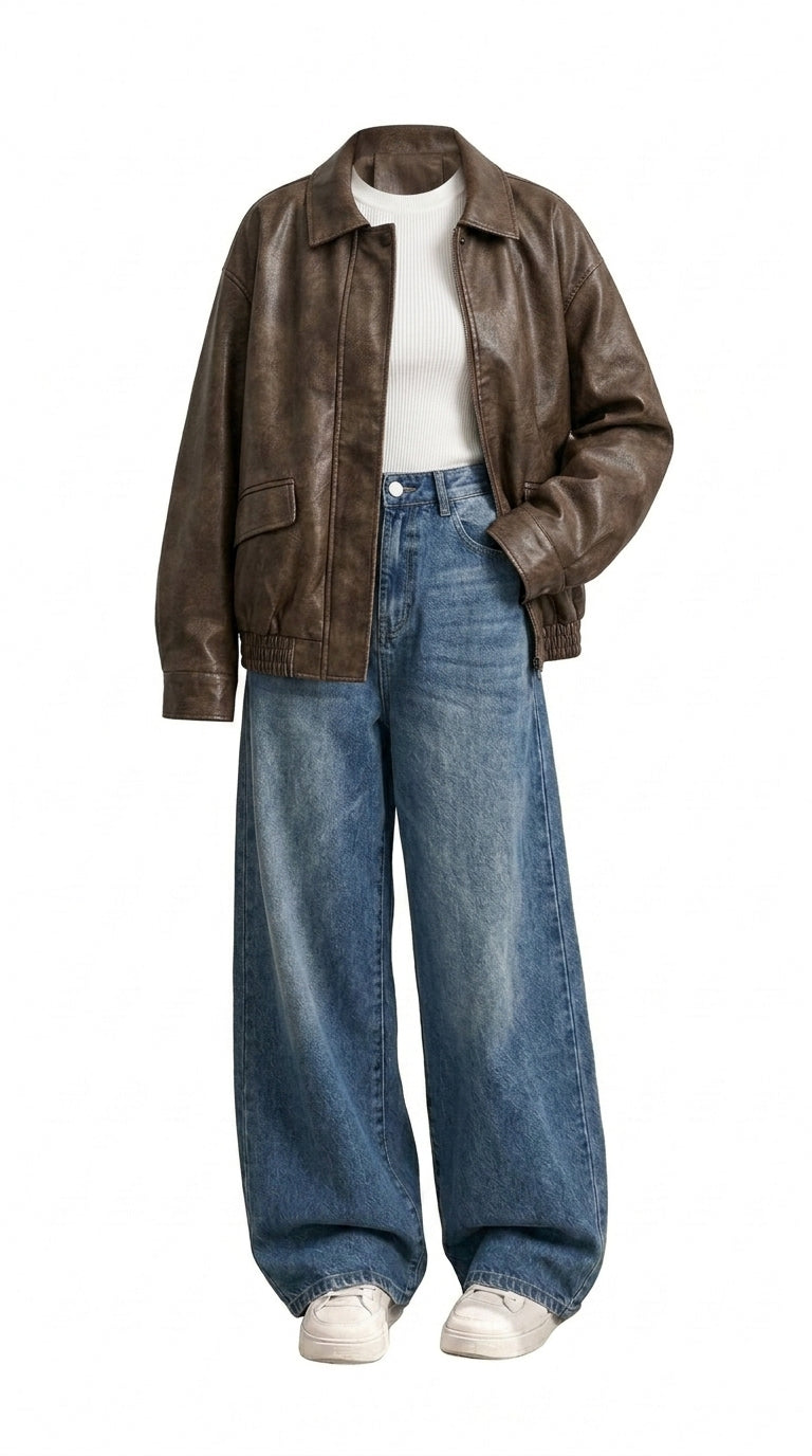 OOTD: Basic PU Mid-Length Leather Jacket + Pleated High-Waist Wide-Leg Jeans