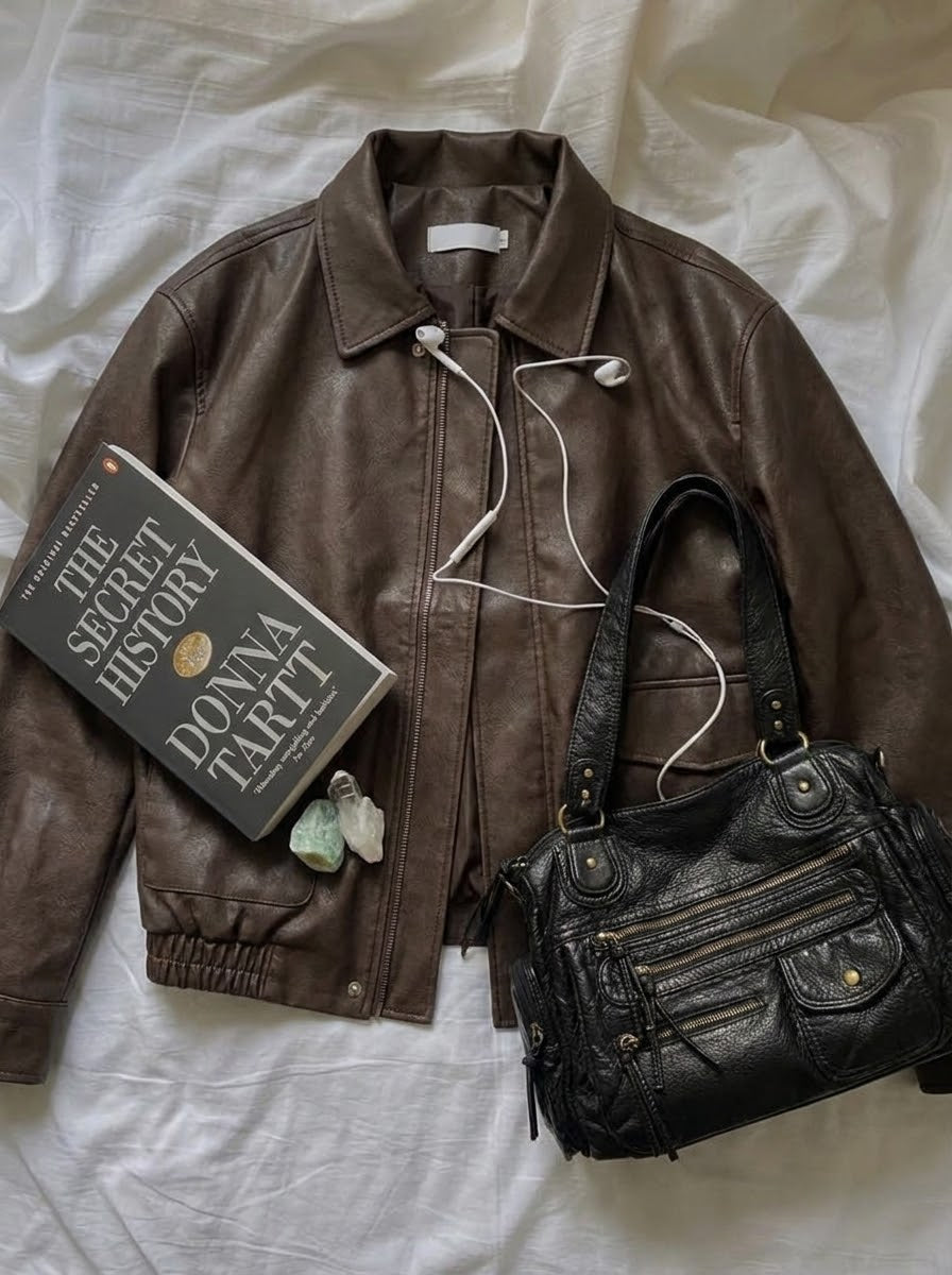 OOTD: Basic PU Mid-Length Leather Jacket + Vintage Bronze Multi-Zipper Motorcycle Bag