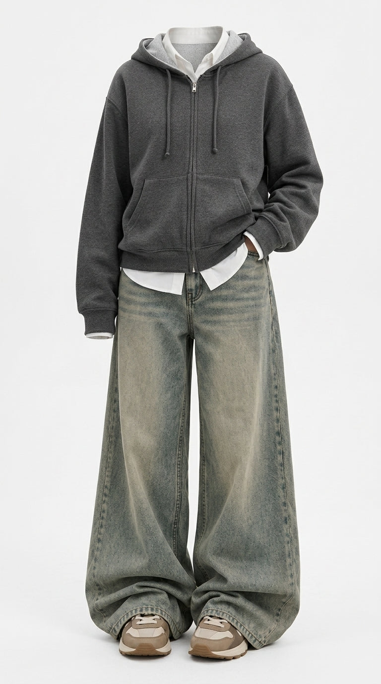 OOTD: Boxy Heavyweight Hooded Cardigan Jacket + Mid-Waist Distressed Wash Straight Jeans