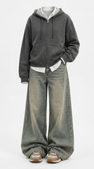 OOTD: Boxy Heavyweight Hooded Cardigan Jacket + Mid-Waist Distressed Wash Straight Jeans