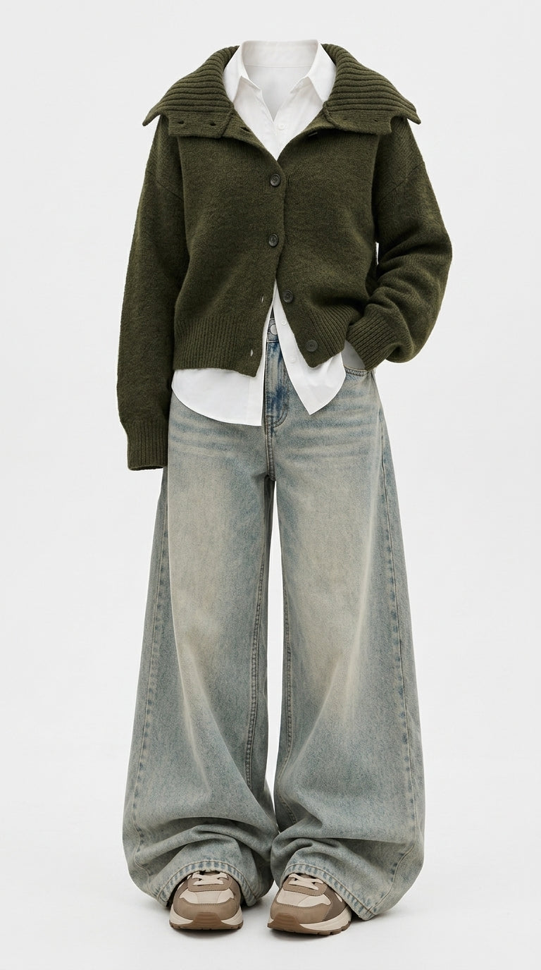 OOTD: Buttoned Hooded Cardigan Sweater + Straight-Leg High-Waist Wide Jeans