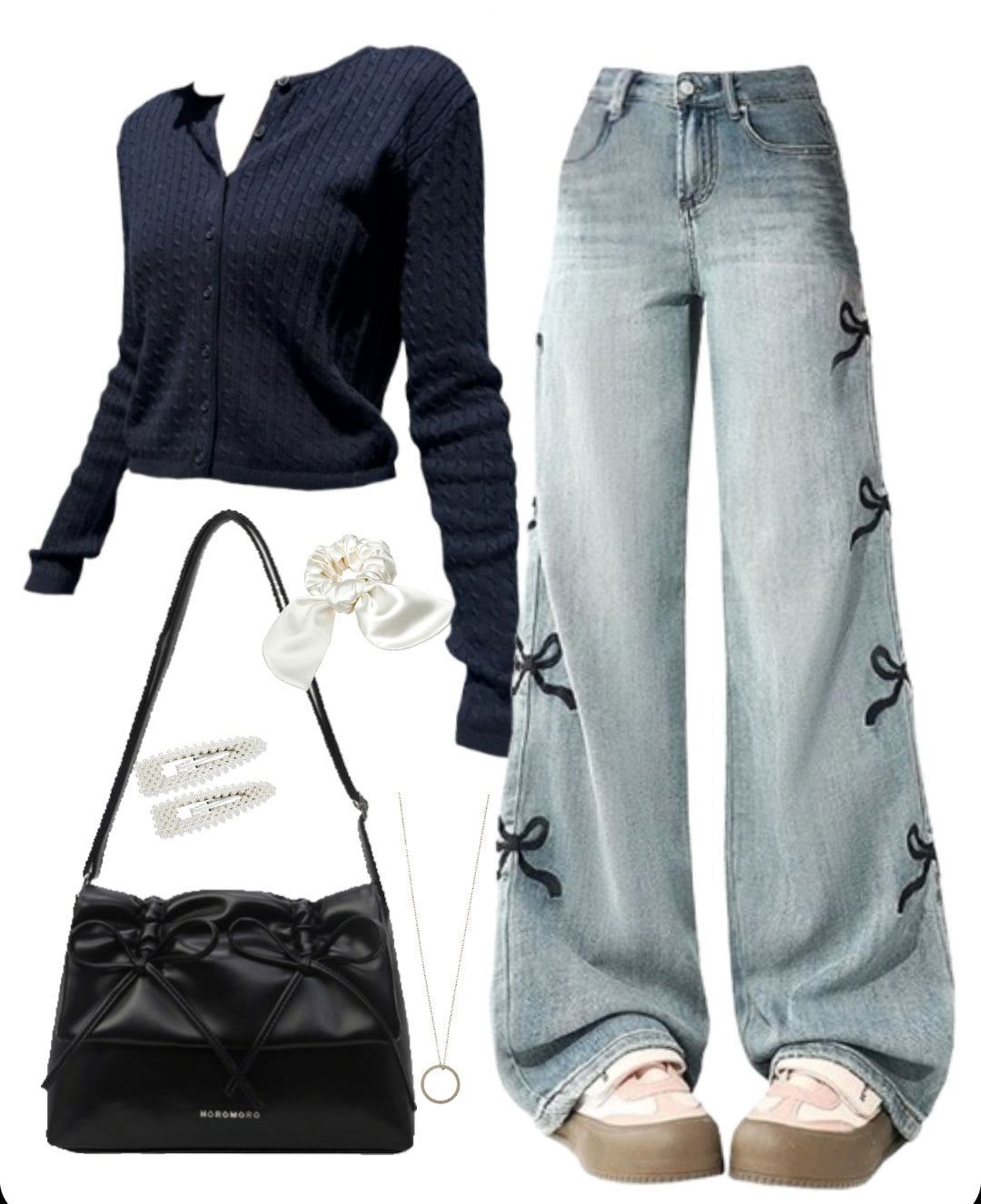OOTD: Cable Knit Cardigan + Bow Jeans + Aesthetic Bow Shoulder Bag