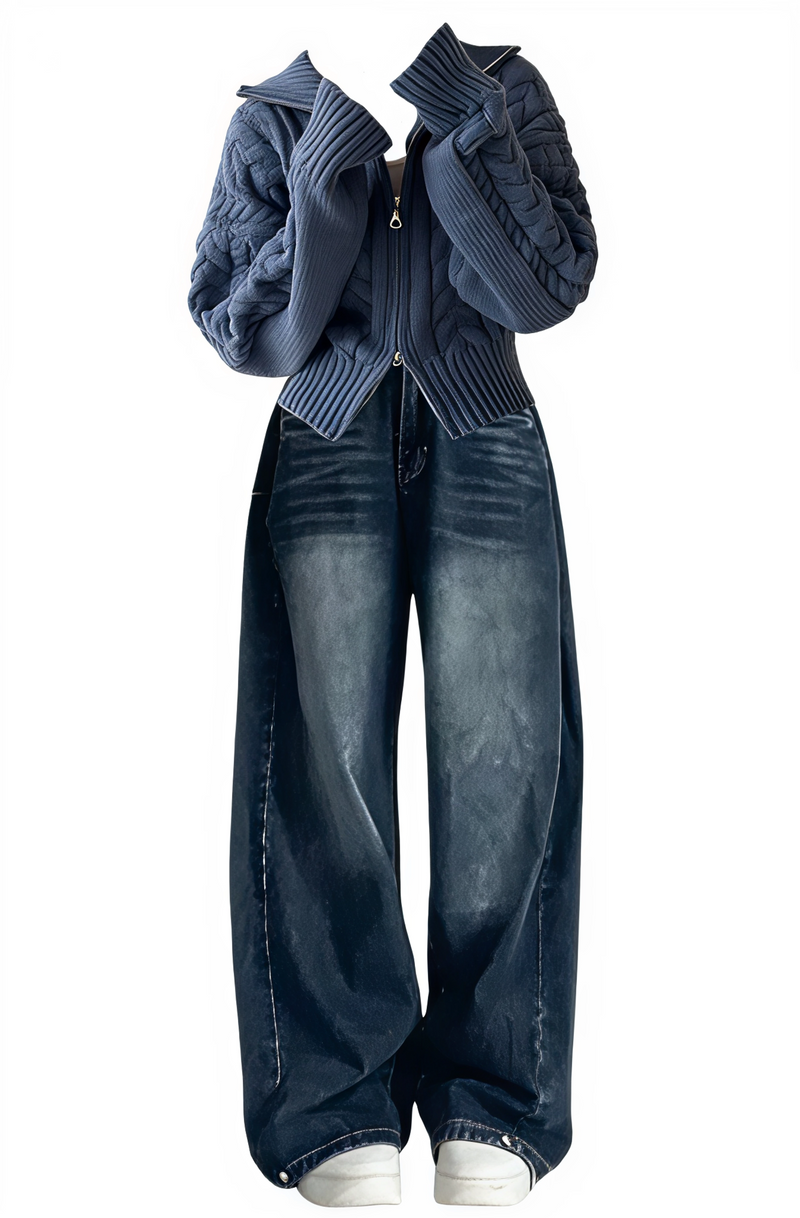 Blue knitted cardigan and jeans on a white background