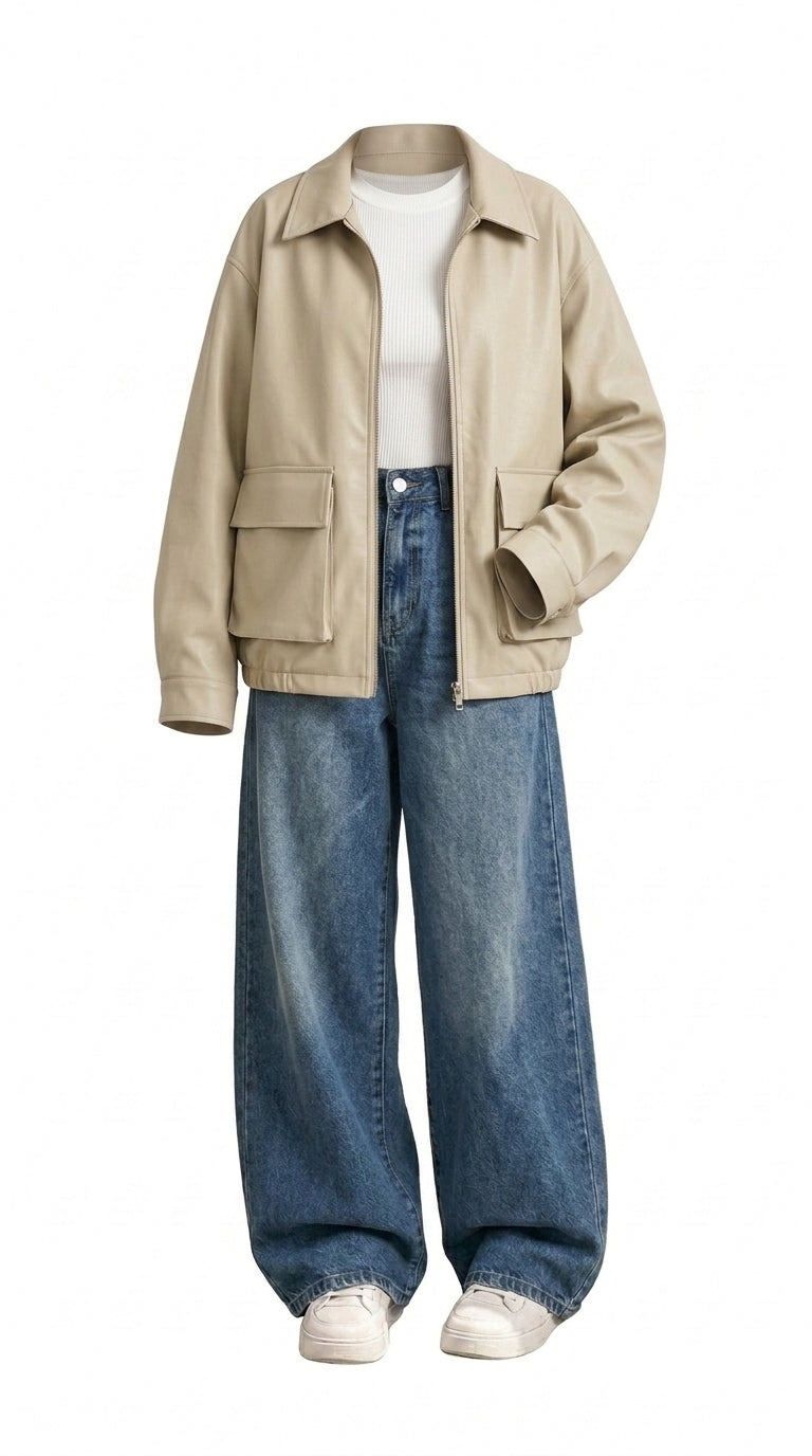OOTD: Chic Lapel Double Pocket Leather Jacket + Wide-Leg Jeans