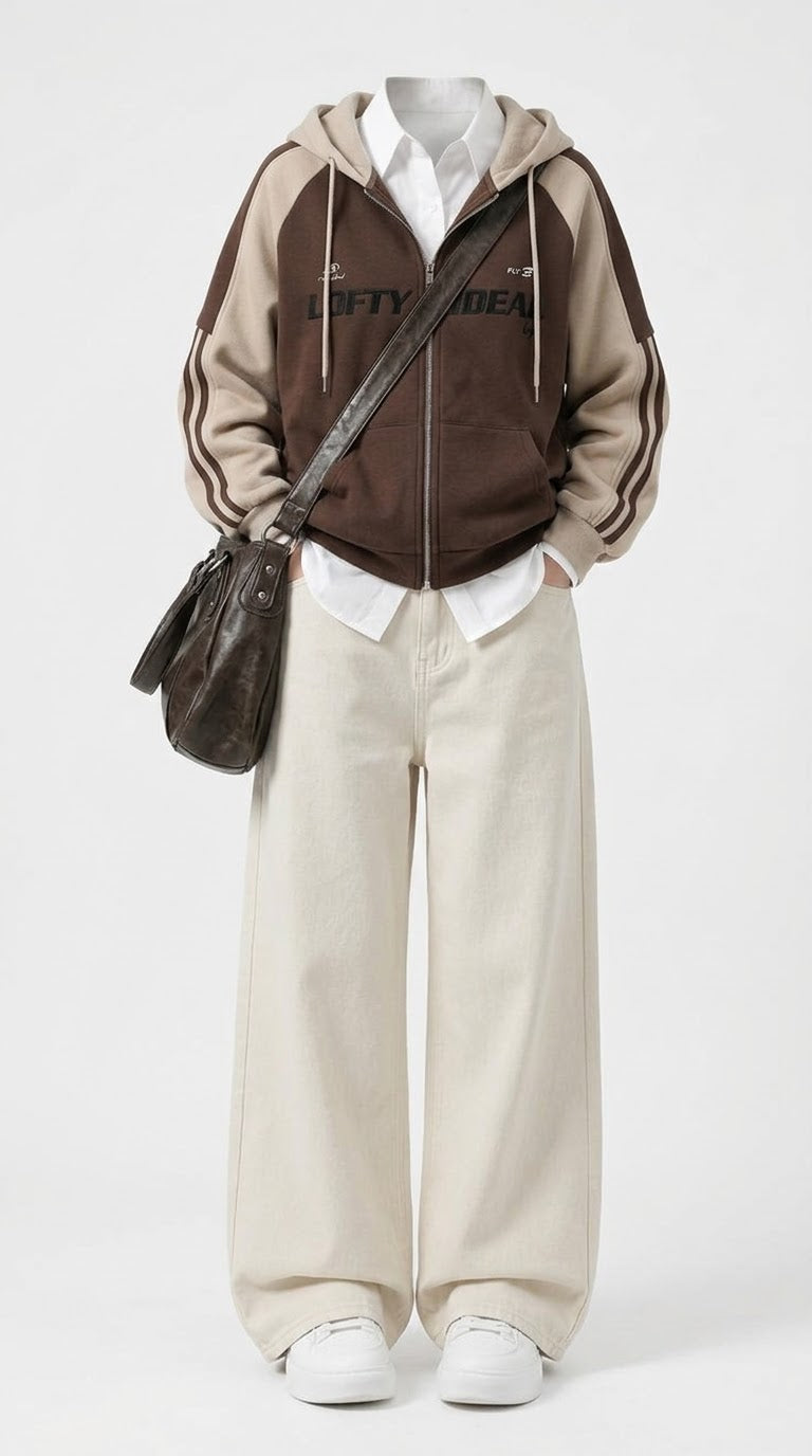 A mannequin styled with a brown and beige zip-up hoodie featuring 'LOFTY UNDER' text on the chest, cream wide-leg pants, a dark brown shoulder bag, and white sneakers, set against a plain light gray background.
