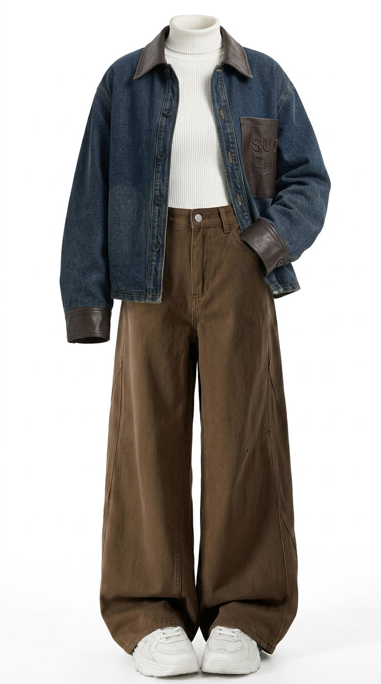 A mannequin styled with a dark blue denim jacket featuring brown leather-look trim, a white ribbed turtleneck, wide-leg brown pants, and white sneakers, set against a plain white background.