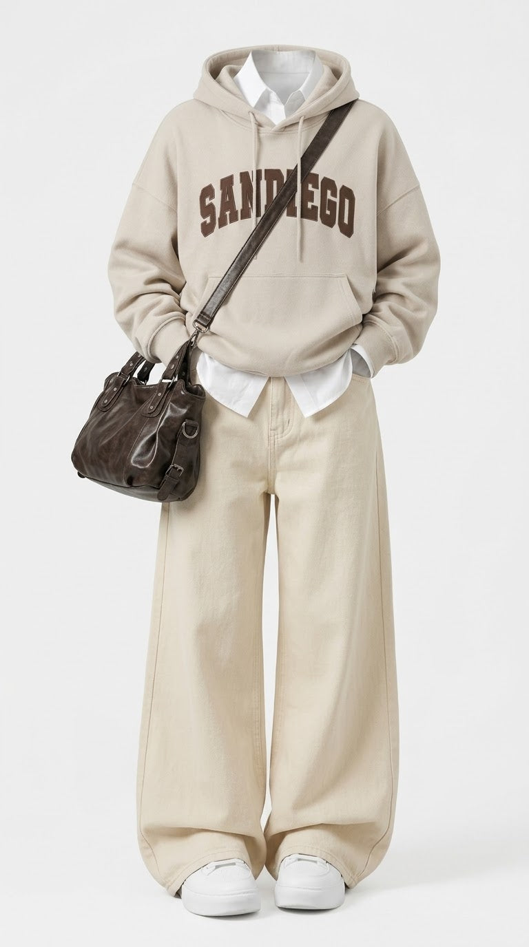 OOTD: Embroidered Logo Oversized Hoodie +Washed Baggy Jeans + Retro Crossbody Bag
