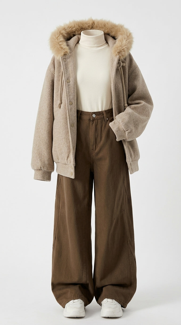A mannequin styled with a beige sherpa jacket featuring a brown faux-fur trimmed hood, brown wide-leg pants, a cream turtleneck, and white sneakers, set against a plain light gray background.