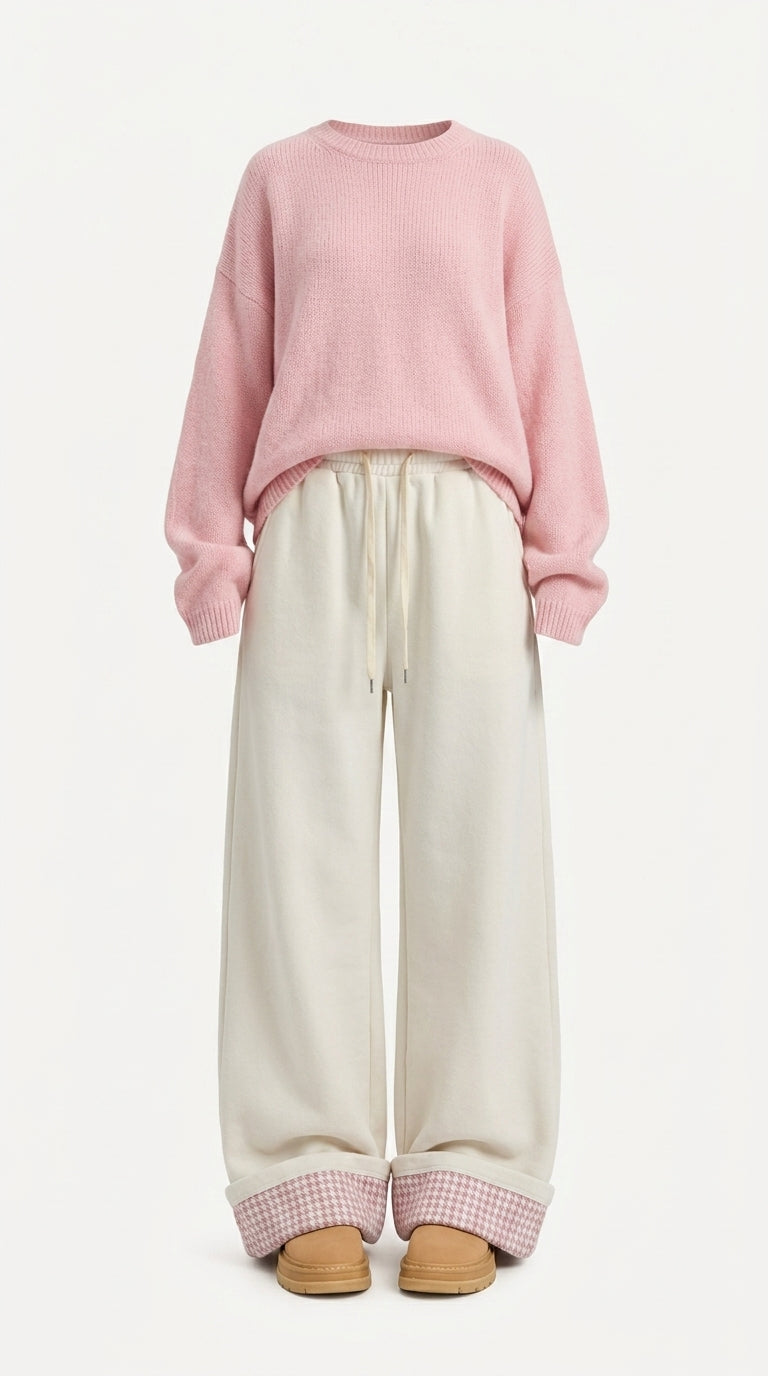 A model wearing a pink crewneck knit sweater and cream wide-leg sweatpants with a pink gingham cuff, paired with tan shoes, against a plain white background.
