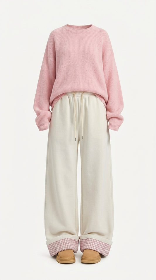 A model wearing a pink crewneck knit sweater and cream wide-leg sweatpants with a pink gingham cuff, paired with tan shoes, against a plain white background.