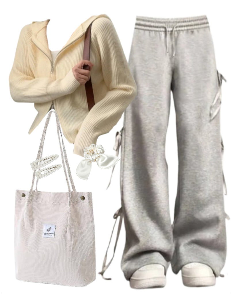 OOTD: Hooded Cardigan + Bow Tie Sweatpants + Tote Bag