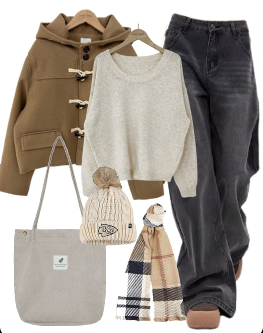 OOTD: Hooded Coat + Round Neck Sweater + 90s Baggy Jeans + Tote Bag