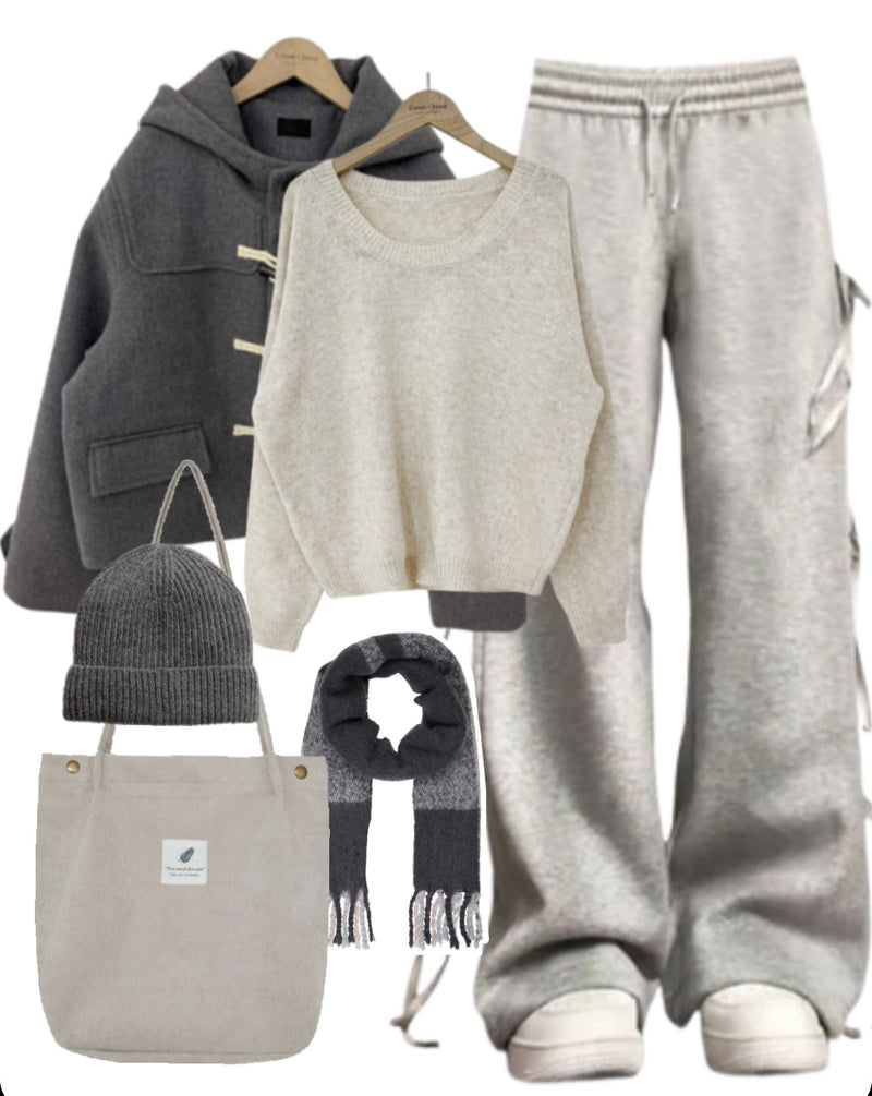 OOTD: Hooded Coat + Round Neck Sweater + Bow Tie Sweatpants + Tote Bag