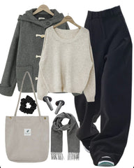 OOTD: Hooded Coat + Round Neck Sweater + Suit Pants + Tote Bag - fairypeony