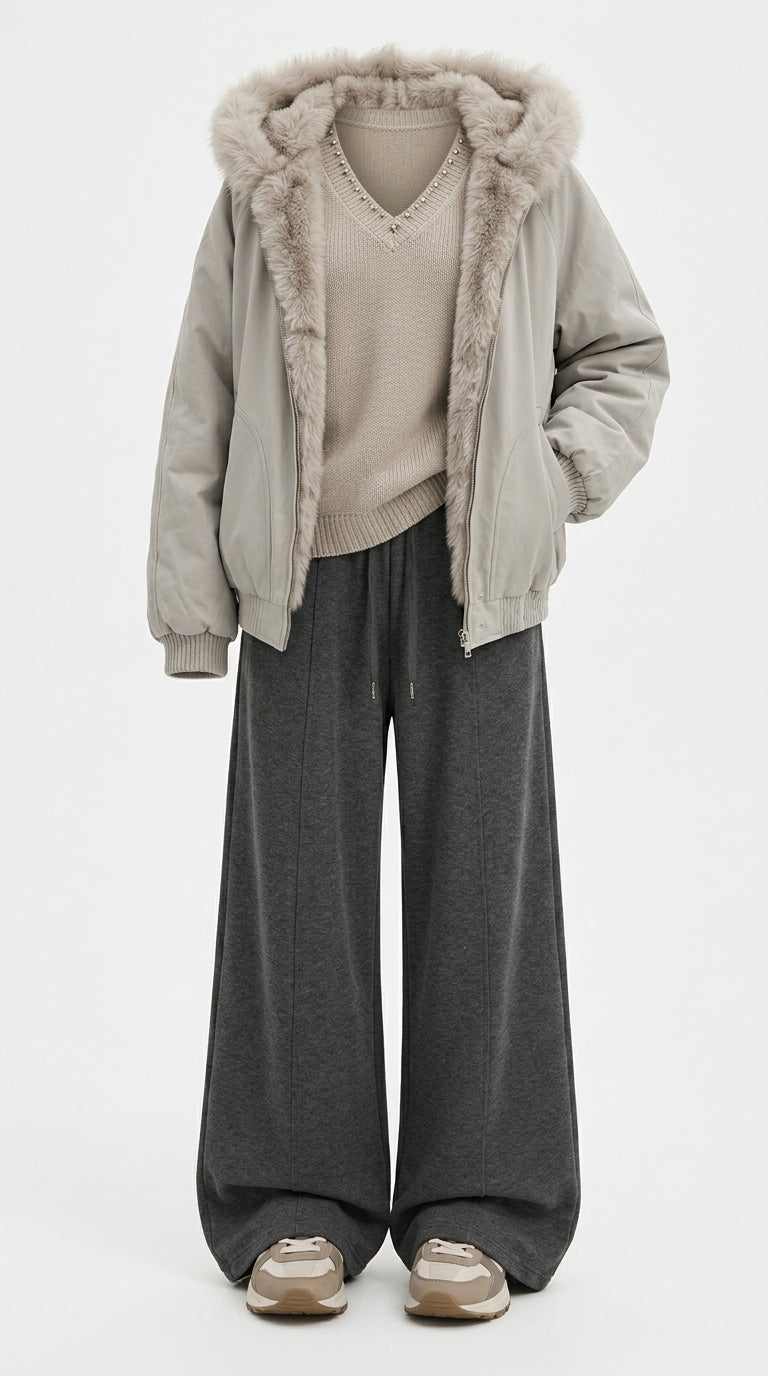 A person wearing a light beige hooded puffer jacket with a fluffy faux-fur trimmed hood, a beige knit sweater, dark gray wide-leg sweatpants, and beige sneakers, shown against a plain light gray studio background.