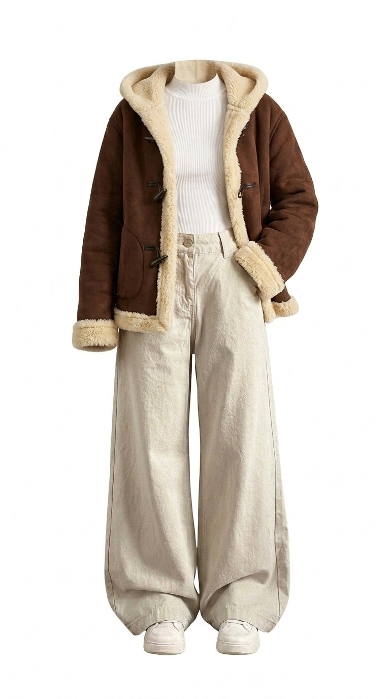 OOTD: Hooded Horn Button Fur Outwear + Retro Wide-Leg Denim Pants