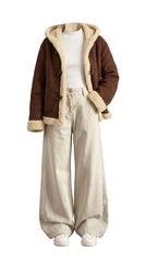 OOTD: Hooded Horn Button Fur Outwear + Retro Wide-Leg Denim Pants