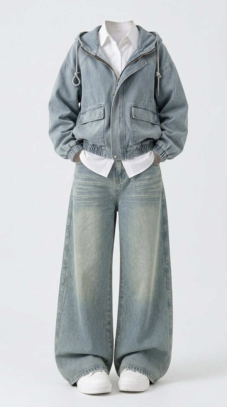 A child's outfit consisting of a light blue denim hooded jacket, matching wide-leg denim jeans, a white collared shirt, and white sneakers, displayed on a headless mannequin against a light gray background.