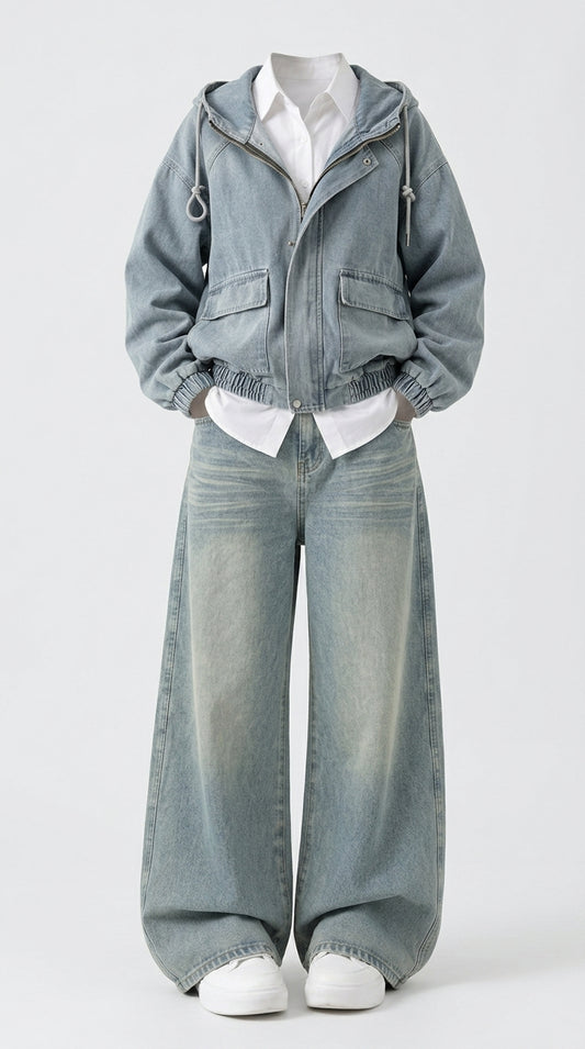 A child's outfit consisting of a light blue denim hooded jacket, matching wide-leg denim jeans, a white collared shirt, and white sneakers, displayed on a headless mannequin against a light gray background.