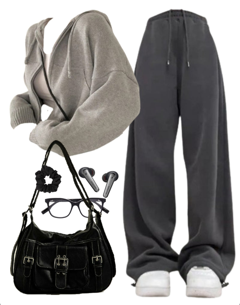 OOTD: Hooded Zip Up Cardigan + Baggy Sweatpants + Crossbody Bag