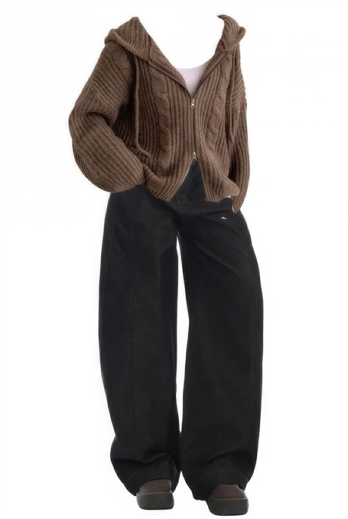 Brown knitted cardigan over a white shirt with black pants on a white background