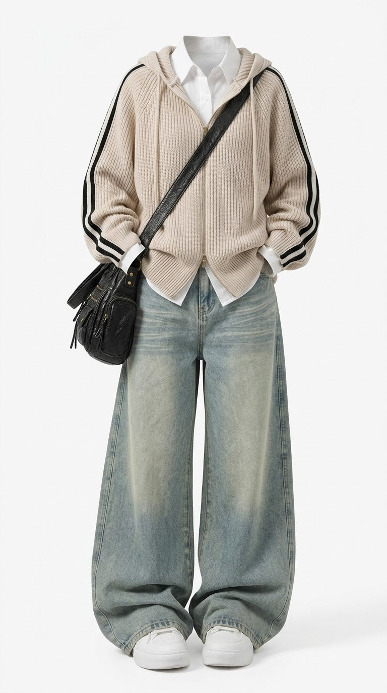 A full-body studio outfit on a mannequin or ghost form: a beige ribbed hooded zip cardigan with black-and-white striped sleeves over a white collared shirt, wide-leg light-wash blue jeans, white sneakers, and a black crossbody bag against a light gray background.