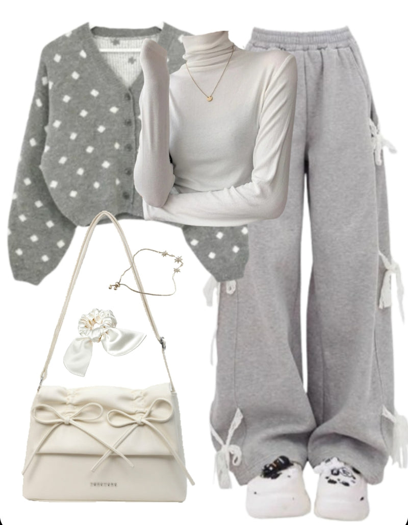 OOTD: Knitted Cardigan + Knitted Tee + Tie Sweatpants + Shoulder Bag