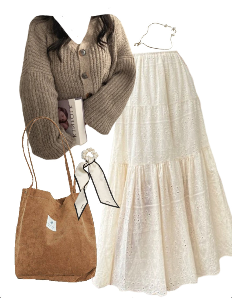 OOTD: Knitted Cardigan + Patchwork Maxi Skirt + Corduroy Tote Bag