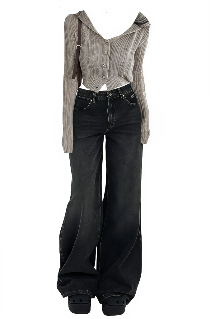 Black wide-leg pants with a striped top and vest on a white background