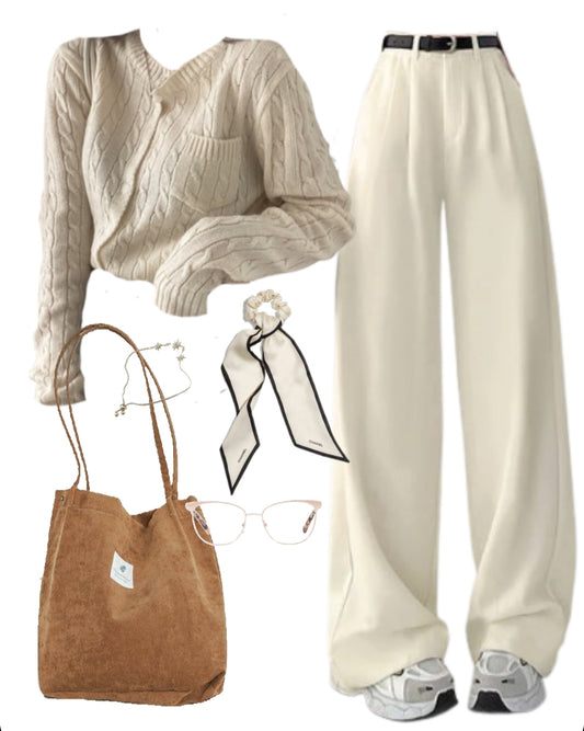 OOTD: Knitted Cardigan + Wide Leg Pants + Tote Bag