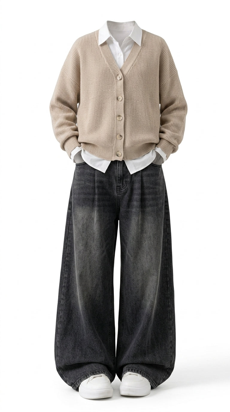 OOTD: Knitted V-Neck Cardigan Jacket + Pleated High-Waist Wide-Leg Jeans - fairypeony