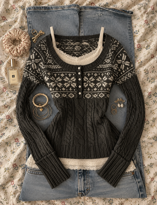 OOTD: Lace Trim Camisole + Blue Flared Denim Jeans + Jacquard Snowflake Knit