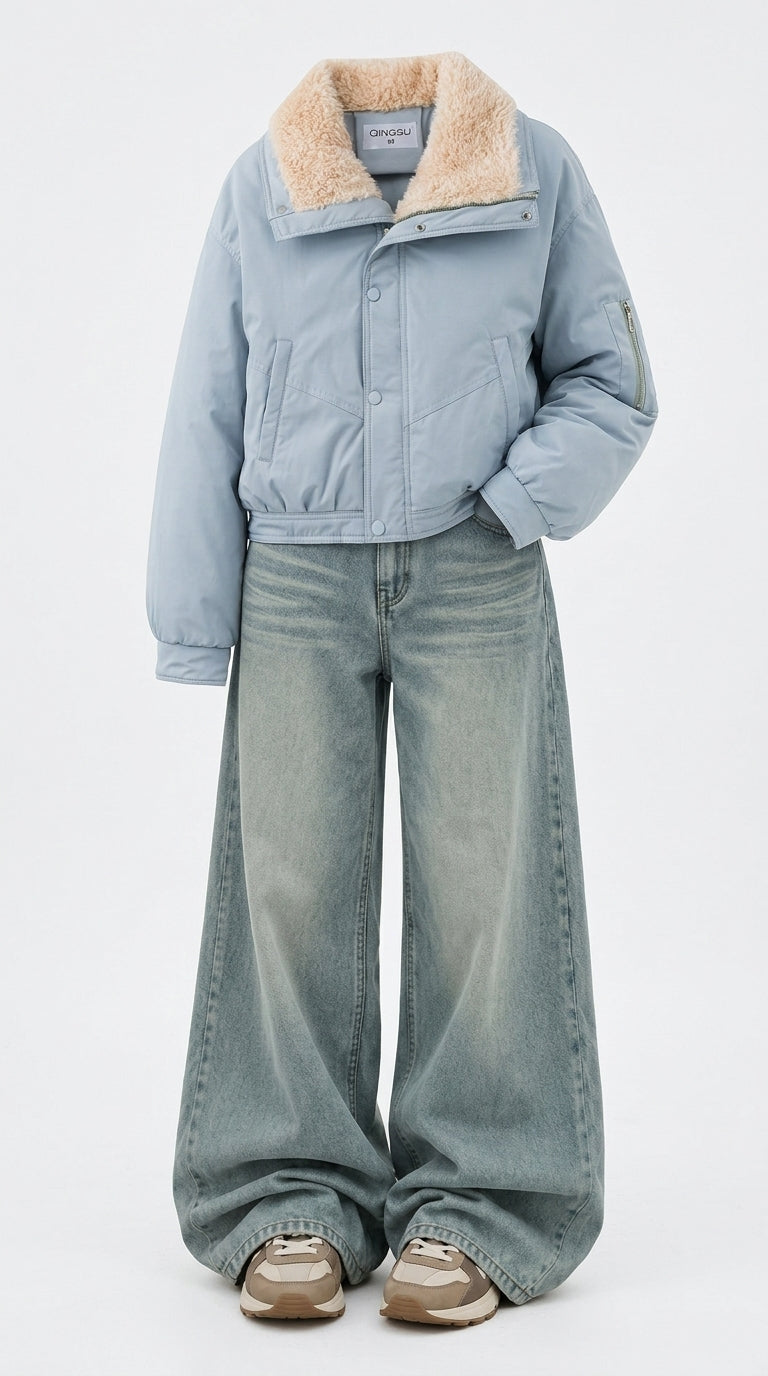 OOTD: Lamb Wool Lapel Puffer Jacket + Embroidered High-Waist Wide-Leg Jeans - fairypeony