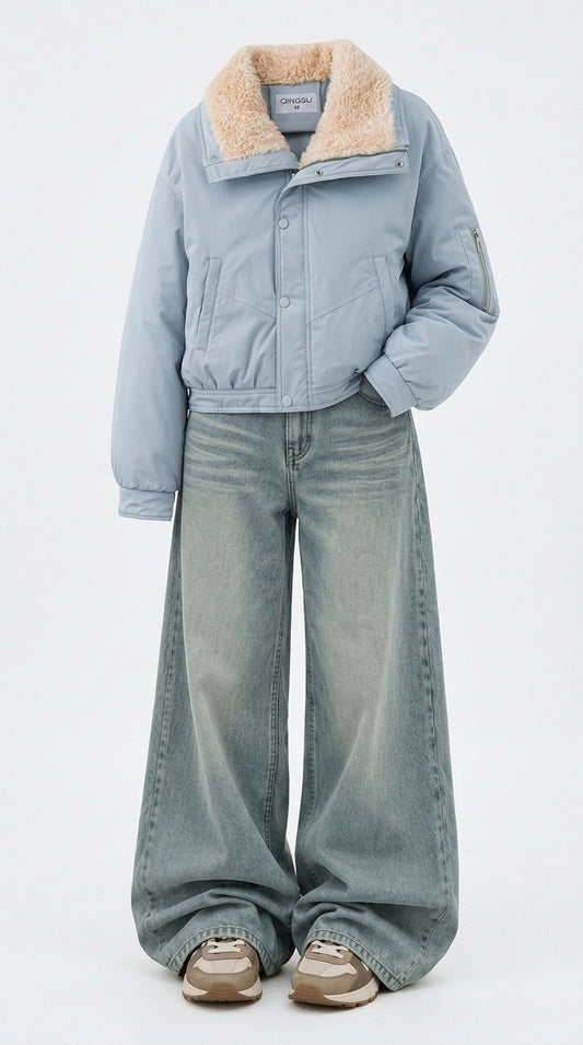 OOTD: Lamb Wool Lapel Puffer Jacket + Embroidered High-Waist Wide-Leg Jeans - fairypeony