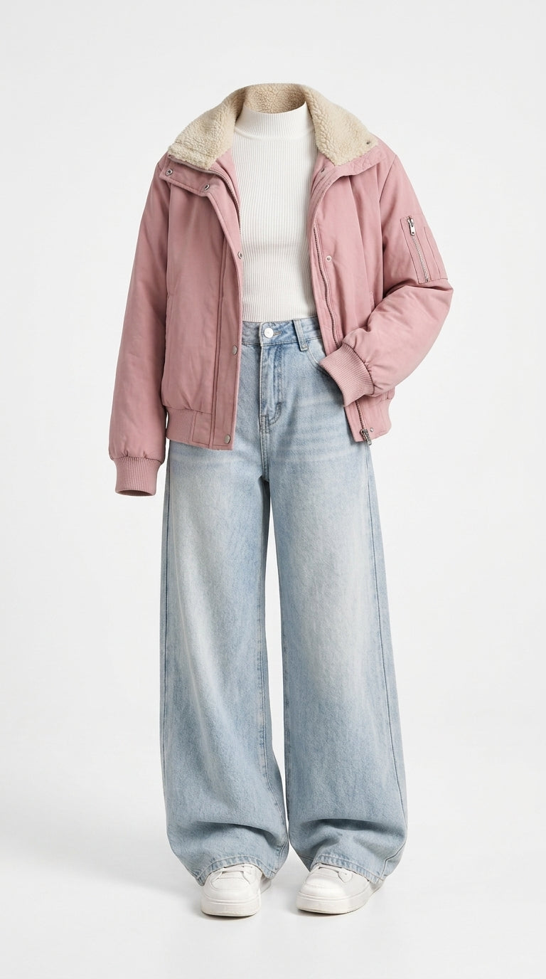 OOTD: Lamb Wool Lapel Puffer Jacket + Retro Wide-Leg Jeans
