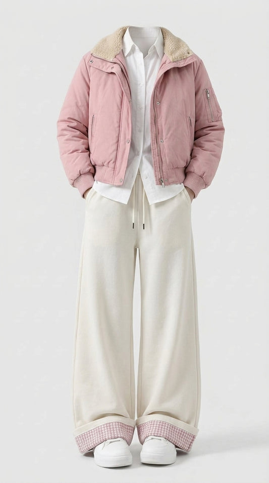 OOTD: Lamb Wool Lapel Puffer Jacket + Y2K Wide-Leg Patchwork Pants - fairypeony