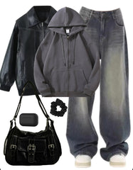OOTD: Leather Jacket + Loose Hoodie + Boyfriend Jeans + Crossbody Bag - fairypeony