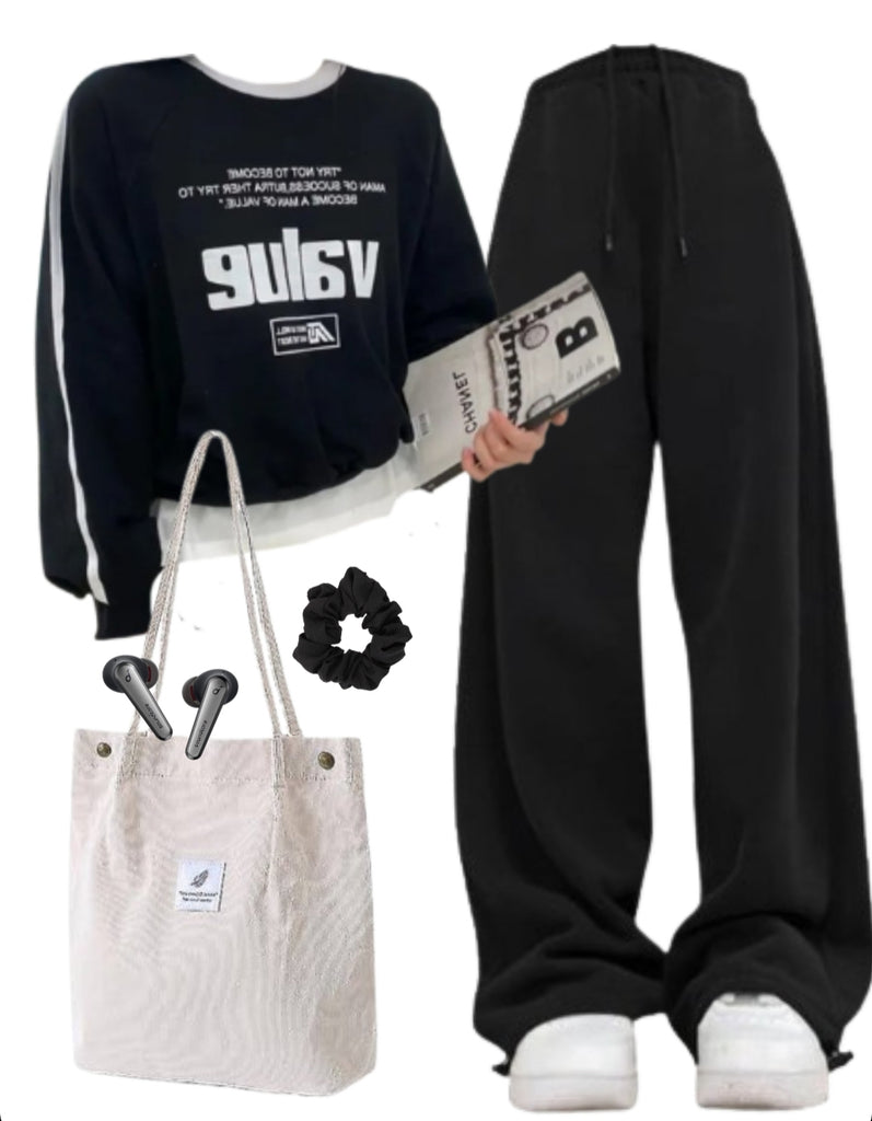 OOTD: Letter Print Sweatshirt + Baggy Sweatpants + Corduroy Tote Bag