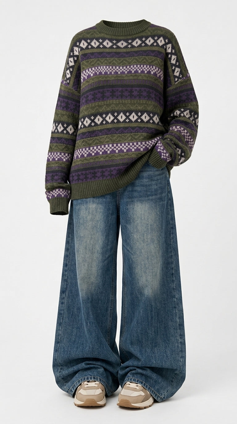 A person wearing an oversized knit sweater with horizontal Fair Isle-style stripes in olive green, purple, and cream, paired with wide-leg blue jeans and beige sneakers, against a plain light gray studio background.
