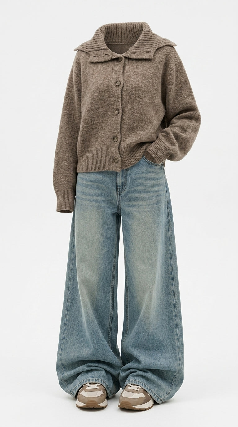 OOTD: Loose Fit Korean Knit Cardigan + Embroidered High-Waist Wide-Leg Jeans