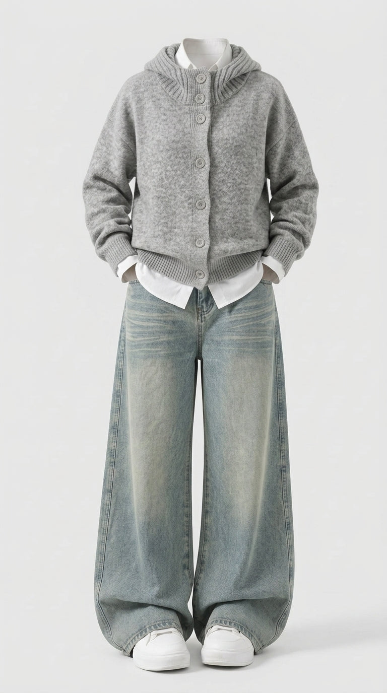 OOTD: Loose Fit Korean Knit Cardigan + High-Stretch Retro Hip-Hop Denim