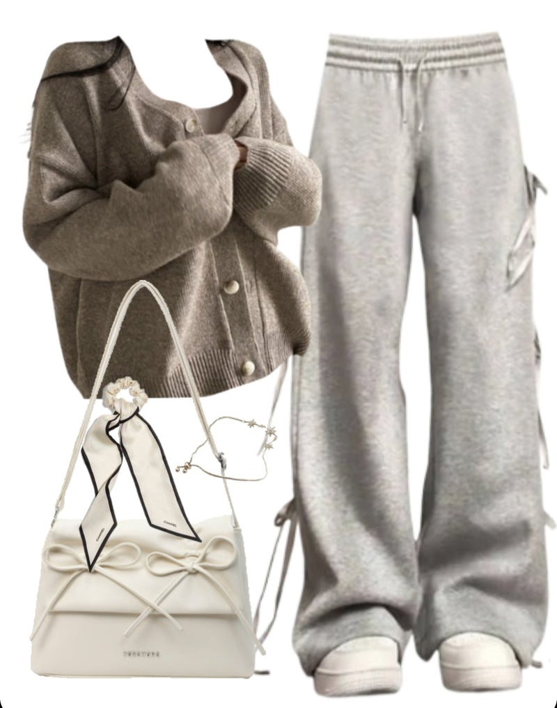 OOTD: Old Money Cardigan + Bow Tie Sweatpants + Shoulder Bag